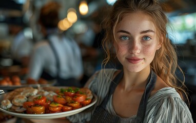 A woman is holding a plate of food and smiling. She is wearing an apron and she is a server
