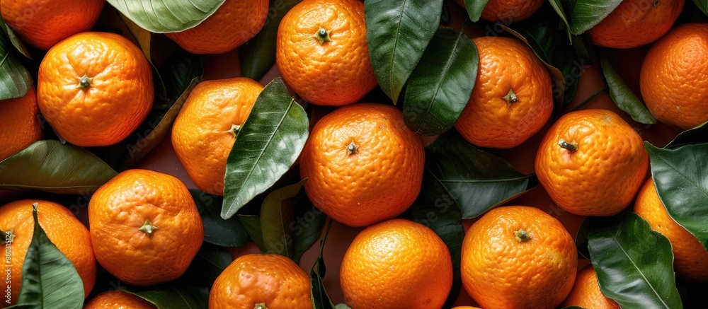 Poster Fresh ripe tangerines create a frame with a background of orange, perfect for a copy space image with citrus fruit.