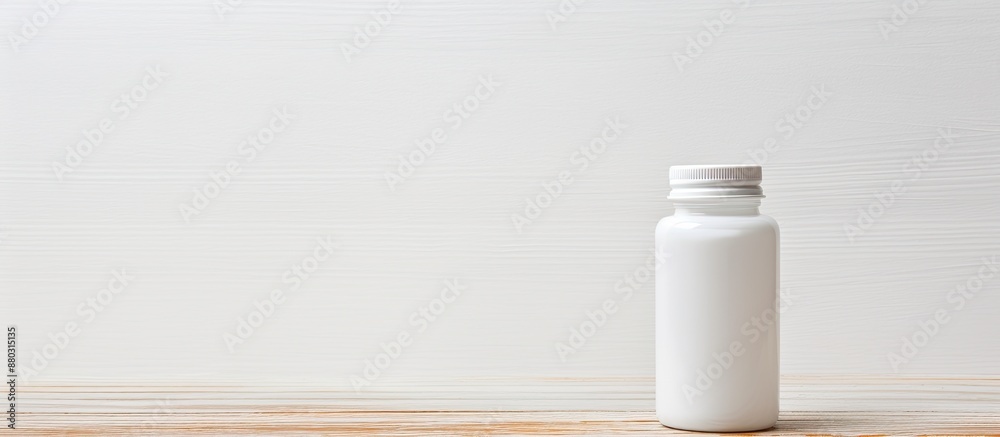Poster White wooden background displaying a pill bottle with copy space image.