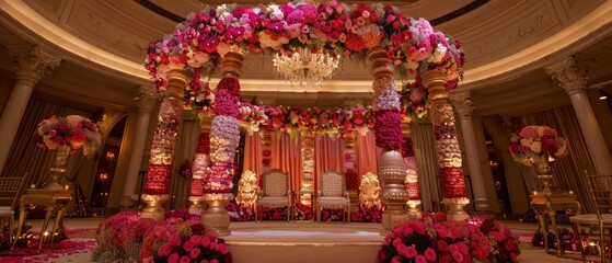 Obraz premium hindu wedding mandap illustration featuring a beautifully decorated structure with pink and red flowers and two chairs inside