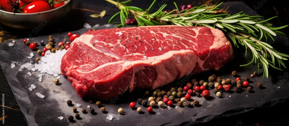 Poster a succulent uncooked beefsteak being prepared in a kitchen, with basil leaves, tomatoes, and spices 