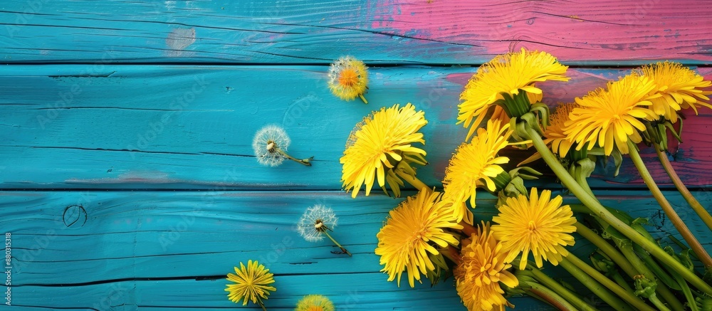 Aufkleber dandelions in yellow on colorful wooden backdrop with copy space image.