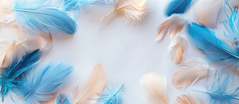 Aufkleber blue and beige feathers isolated on white backdrop with room for copy space image.