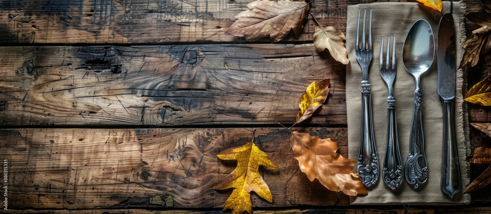 Poster Rustic autumn-themed table setting for Thanksgiving with cutlery, leaves on wooden table. Top view with ample copy space image for text.