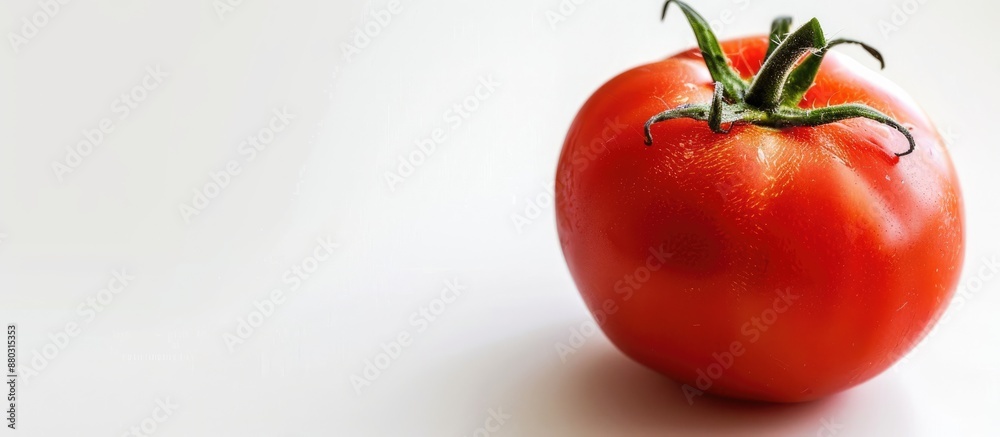 Aufkleber Close-up view of a single red tomato on a white background with selective focus and copy space image available.