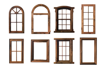 A collection of industrial-style vintage wooden window frames on a clean white background
