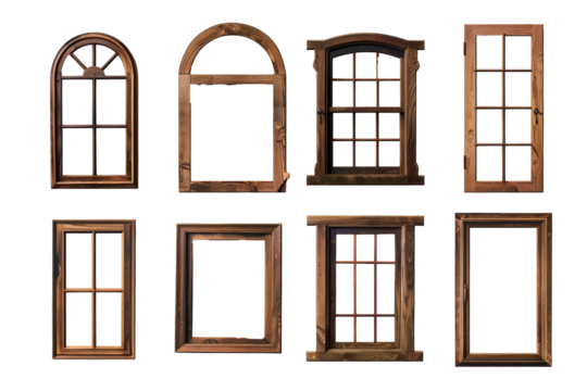 A collection of industrial-style vintage wooden window frames on a clean white background