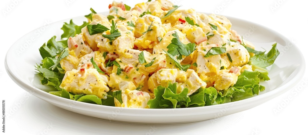 Wall mural low-angle view of a plate with homemade coronation chicken salad on a white background, providing sp