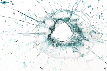 A close-up of a bullet hole in a windshield, with glass shards frozen in time.