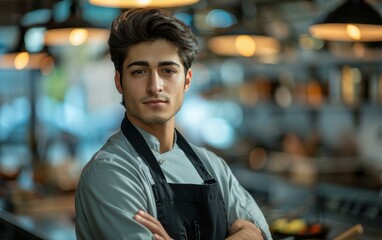Fototapeta premium A man in a chef's uniform stands in front of a kitchen counter with his arms crossed. He looks confident and proud of his work