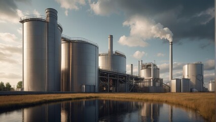 Obraz premium A rendering of a biomass power plant with boiling tanks and hovering turbines