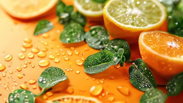 Fresh citrus fruits and green leaves with water drops on orange background