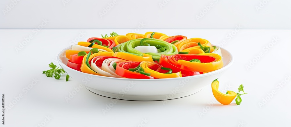 Poster colorful bell pepper slices and spring onion in a ceramic dish on a white background with copy space