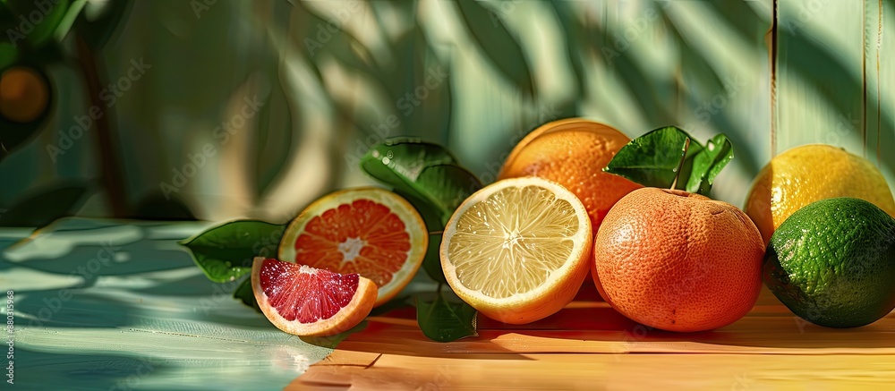 Poster fresh sliced fruits on a table in the afternoon, with a background that leaves space for an image.