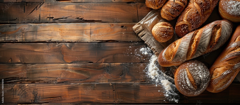 Poster Crucial assorted bread from the bakery on a wooden table with copy space image.