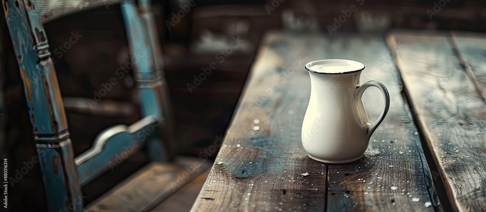 Poster a jug of milk sitting on a dark wooden table with copy space image available.