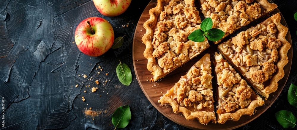 Aufkleber Top view of apple crumble pie slices on a wooden board with ample copy space image.