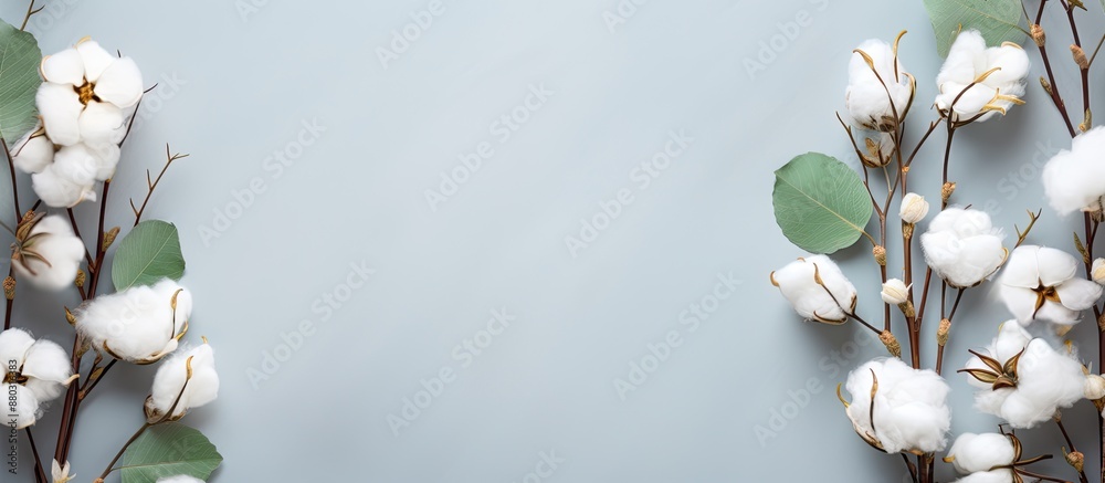 Leinwandbilder top view of delicate white cotton flowers and fresh eucalyptus twigs arranged in a floral compositio