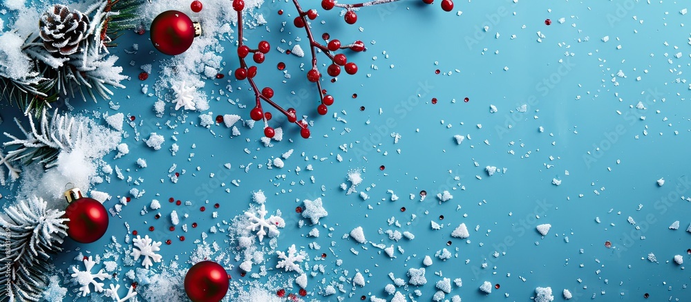 Leinwandbilder Design elements for advertisements with a blue background featuring artificial white snow, intertwined with Christmas and New Year themes, creating a festive vibe for copy space images.