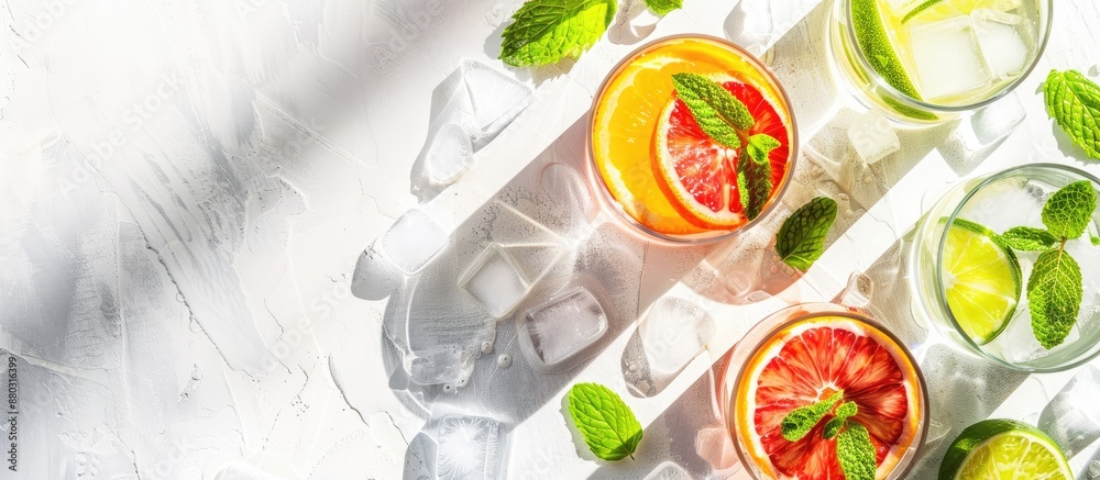 Poster white background with sunlight shadows creates a backdrop for refreshing summer drinks like red oran