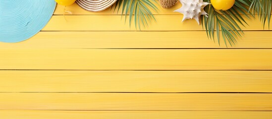 Beach-themed summer vacation tips template featuring beach accessories in a flat lay arrangement on a yellow wooden board with copy space image.