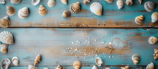 Seashells arranged on a wooden table create a beachy backdrop, perfect for summer vibes with a top view and copy space image.