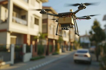 A drone hovering above a suburban house, capturing aerial view, AI-controlled drones delivering packages for online shopping, AI generated
