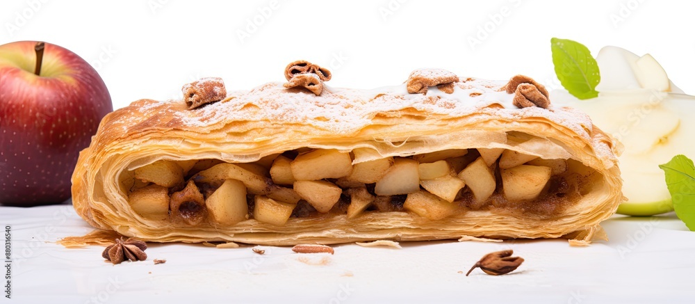 Sticker apple strudel with puff pastry, cinnamon, and raisins on a white backdrop for copy space image.