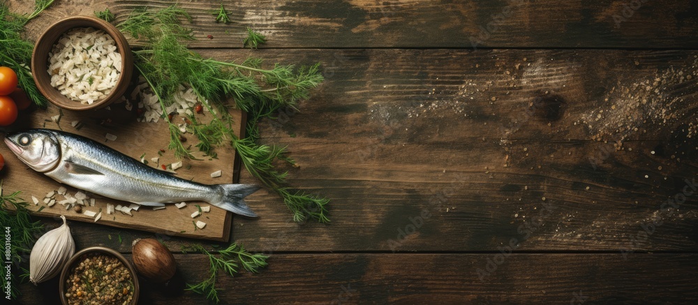 Aufkleber A rustic top-view background featuring a meal with herring slices on a table, creating a food setting with ample copy space for an image.