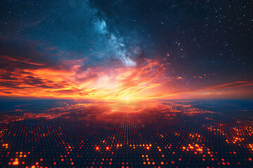 Fototapeta premium Laser grid landscape stretching into infinity under a starry sky, colors shifting from deep blue to vibrant orange