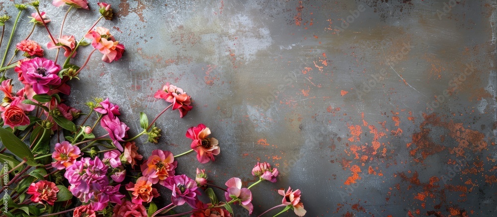 Poster Flowers arranged on a metallic surface with an empty area for additional visuals or text, known as a 'copy space image.'
