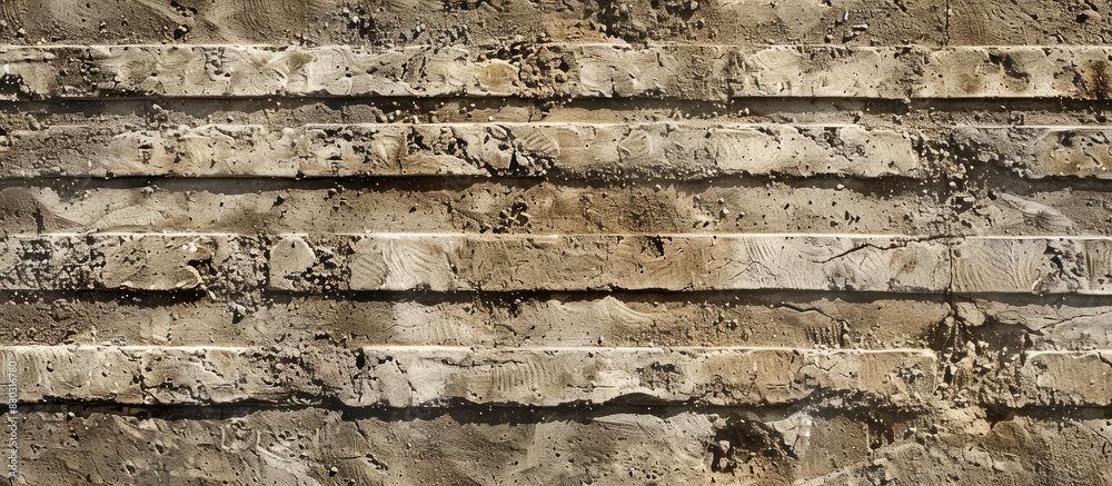 Poster stone wall with horizontal stripes covered in dirt, providing a textured background, featuring a spa