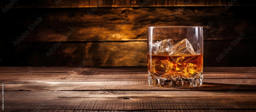 Poster a glass of whiskey with ice on an aged barrel, set against a wooden backdrop with ample copy space i