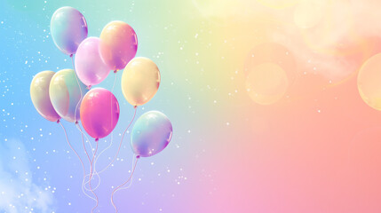 Fototapeta premium Colorful balloons floating in the sky with a rainbow gradient background. Balloons located corner 