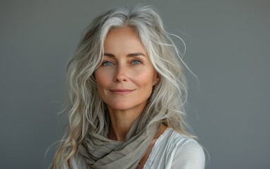 Fototapeta premium A woman with long gray hair and a scarf around her neck is smiling. She looks happy and content