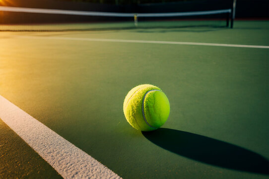 Tennis ball on cort, sport composition