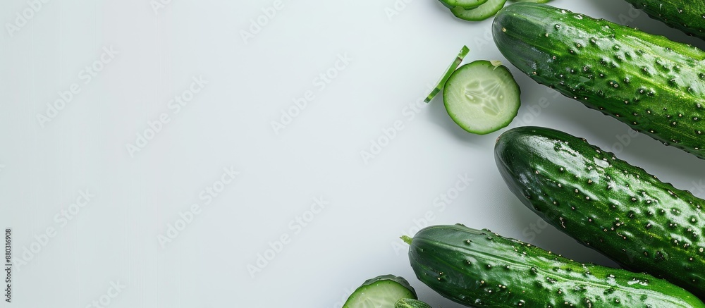 Poster Fresh cucumbers displayed from a close-up, top-down perspective on a white backdrop, with space for additional content or graphics in the shot.