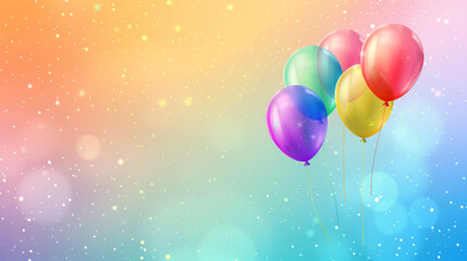 Colorful balloons floating in the sky with a rainbow gradient background. Balloons located corner 