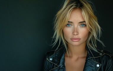 Fototapeta premium A woman with blonde hair and blue eyes is wearing a black leather jacket. She is looking directly at the camera