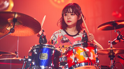 ステージでドラムを演奏する若いアジア人女性のエネルギッシュなポートレート.