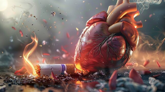 Warning: Burning Cigarette Near Heart Represents Cardiovascular Risk and Emotional Health Impact.