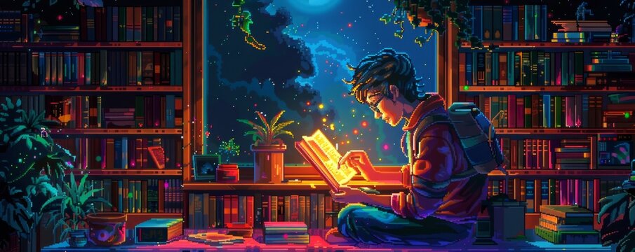 A pixel art illustration of a pixelated reader engrossed in a book, their mind transported to pixelated faraway lands and fantastical stories.