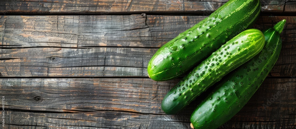 Poster Top-down view of two fresh green cucumbers on a wooden table background, with an empty space for text or a copy space image.