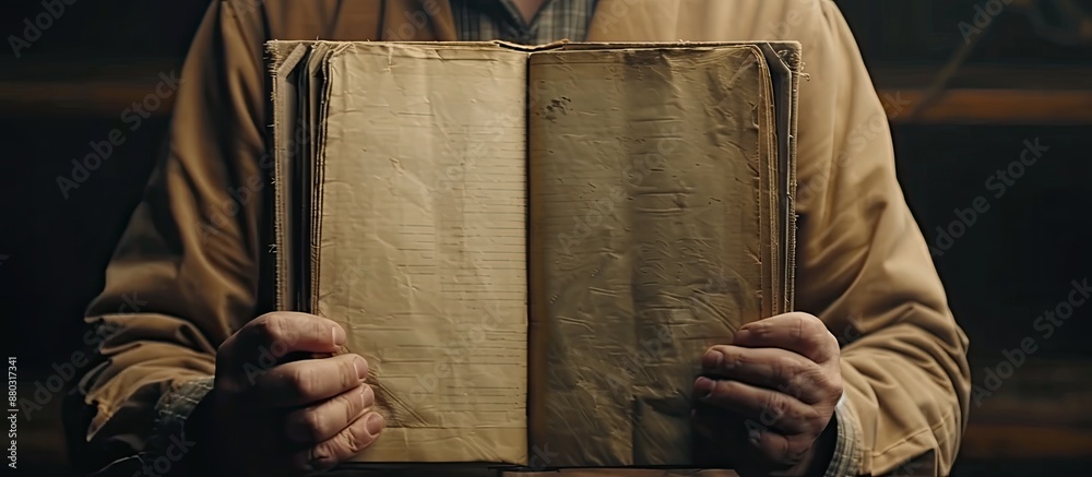 Poster a man displays a book or album with a blank cover in a mockup image, which was created by the scene'
