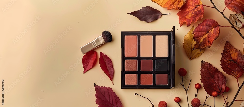 Poster Stylish autumn makeup palette displayed in a minimalist flat lay arrangement with copy space image.