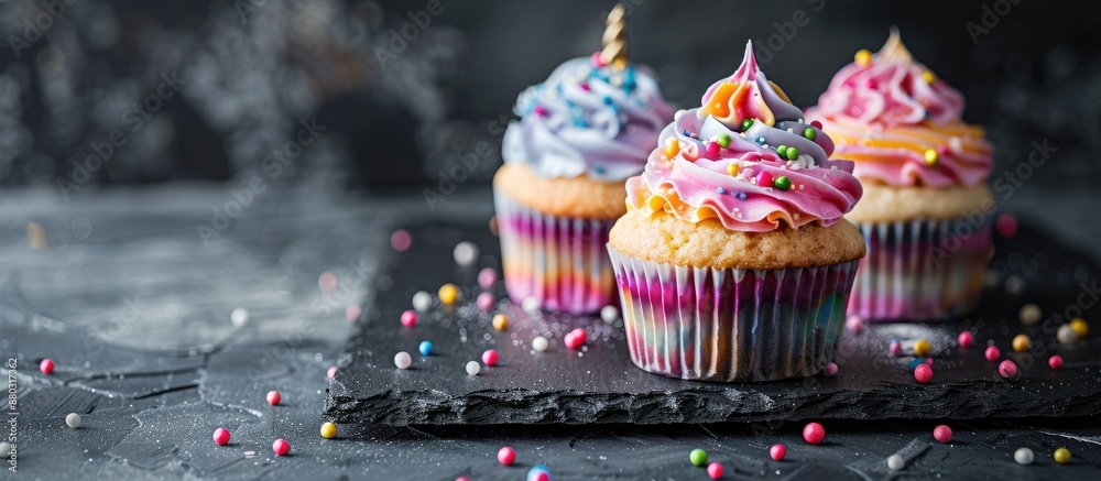 Poster Unicorn cupcakes creatively displayed on a black slate with ample copy space image.
