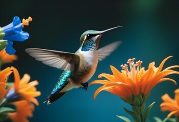 Fototapeta premium A beautiful, delicate, small bird flying near flowers on a light, pastel background