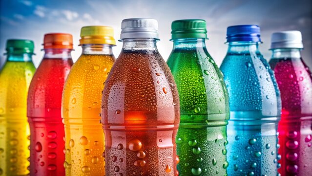 Vibrant sports drink bottles in various colors, chilled and covered in condensation droplets, isolated on a clean background evoking refreshment.