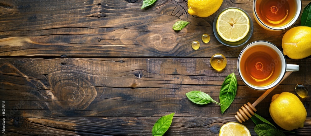 Poster wooden table with copy space image featuring lemon honey tea.