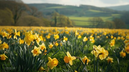 Fototapeta premium Field of yellow daffodils swaying gently in spring season with a blue sky in the background. The daffodils are in full bloom and the field is lush and green